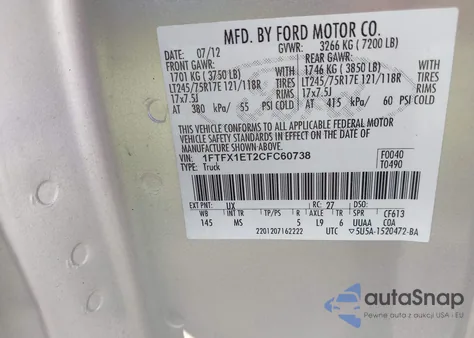 2012 Ford F-150 Xlt из США, поврежденный, VIN 1FTFX1ET2CFC60738